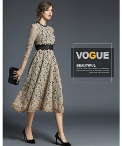 レースワンピース | ミモレフレアパーティードレス 結婚式二次会上品発表会入園式 袖あり七分袖 総レース 裏地あり エレガント シルエット フォーマル