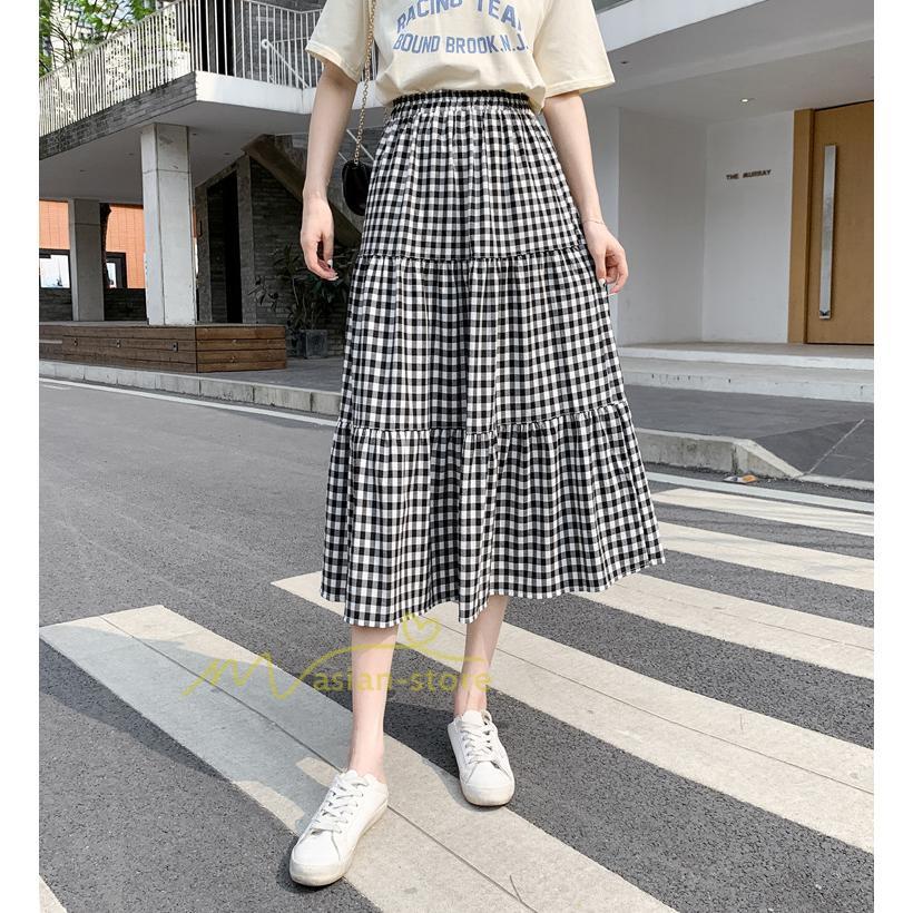 スカート | チェック柄 ロング丈 フレア ボトムス レディース おすすめ おしゃれ ブラック フリーサイズ カジュアル お出かけ 通勤通学 着痩せ 20代30代40代50代