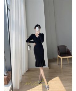 ニットワンピース | ニット ワンピース ロング Vネック ニットワンピ 長袖 ブラック 2022秋冬 ブルー マーメイド フリル セクシー 通勤 おしゃれ キレイめ ミモレ丈 上品