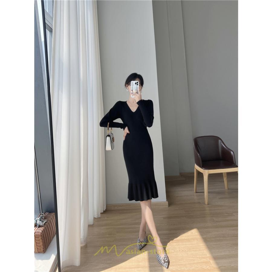 ニットワンピース | ニット ワンピース ロング Vネック ニットワンピ 長袖 ブラック 2022秋冬 ブルー マーメイド フリル セクシー 通勤 おしゃれ キレイめ ミモレ丈 上品