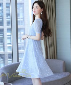 ミディアム | ワンピース レディース 着痩せ 半袖 Vネック カジュアル Aラインワンピース 大きいサイズ 上品 ドット柄 気質 春 新作 サマーワンピース 夏 おしゃれ