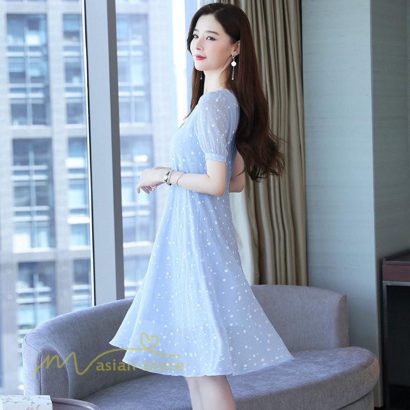 ミディアム | ワンピース レディース 着痩せ 半袖 Vネック カジュアル Aラインワンピース 大きいサイズ 上品 ドット柄 気質 春 新作 サマーワンピース 夏 おしゃれ