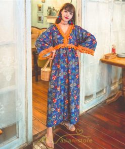 マキシ | ワンピース 長袖 ゆったり 夏秋 レディース 個性的 マキシ丈 楽ちん 体型カバー エスニック 着痩せ 赤 青 オレンジ レトロ 高品質 民族風 20代30代40代 旅行 海