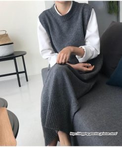 ベスト | ニットベストワンピース ロングレディース ベストワンピース ロングワンピース ニットワンピース ノースリーブ 袖なし サイドスリット入れ 丸首 無地