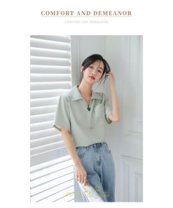 シャツ・ブラウス | ブラウス シャツ 夏 半袖 レディース 白 緑 無地 Vネック 開襟 胸ポケット 通気性 シンプル フランス風 女性 オフィス エレガント 上品 着痩せ 通勤 華奢見え OL