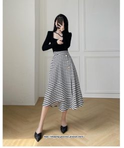 スカート | ロングきれいめ レディース ロング丈 Aライン 20代 30代 40代 50代 秋 冬 千鳥格柄 細見え 可愛い ハイウエスト お出かけ 高見え