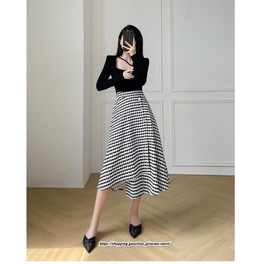 スカート | ロングきれいめ レディース ロング丈 Aライン 20代 30代 40代 50代 秋 冬 千鳥格柄 細見え 可愛い ハイウエスト お出かけ 高見え