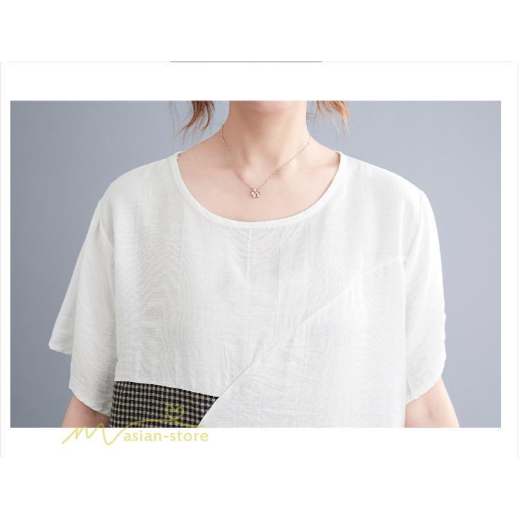 tシャツ・カットソー | tシャツ カットソー レディース 切り替え 女性着 シンプル カジュアル フリーサイズ ゆったり 夏新作 おしゃれ 半袖 チェック柄 黒 半袖tシャツ 丸首 白