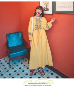 マキシ | ワンピース 長袖 ハイウエスト 綿麻 コットン リネン ロング ロング丈 Aライン ワンピ レディース 着痩せ 体型カバー 丸首 白 黄色 赤 通勤 Vネック 刺繍