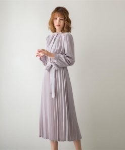 マキシ | ワンピースプリーツワンピース ロングフレアシフォンワンピース 二次会 ドレス 無地長袖リゾート ウエストリボン付き 通学通勤 エレガント M S L XL 可愛い