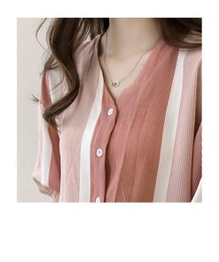 シャツ・ブラウス | ブラウス レディース 五分袖 薄手 ストライプシャツ トップス 羽織り 前開き 可愛い Vネック 40代 ブラウスシャツ 夏服 大人 20代30代