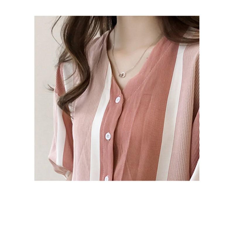 シャツ・ブラウス | ブラウス レディース 五分袖 薄手 ストライプシャツ トップス 羽織り 前開き 可愛い Vネック 40代 ブラウスシャツ 夏服 大人 20代30代