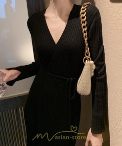 ニットワンピース | ワンピース 春 春服 レディース 長袖 ゆったり 秋 冬 vネック 着痩せ スリット 旅行 女子会 デート 20代30代40代50代 お出かけ
