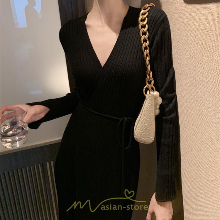 ニットワンピース | ワンピース 春 春服 レディース 長袖 ゆったり 秋 冬 vネック 着痩せ スリット 旅行 女子会 デート 20代30代40代50代 お出かけ