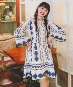 ミニ丈 | ワンピース 夏秋 レディース 長袖 綿麻 ひざ上 ショート かわいい リゾート 休み 旅行 お出かけ 華やか 着痩せ ゆったり 幾何学柄 エスニック風 Vネック 民族風