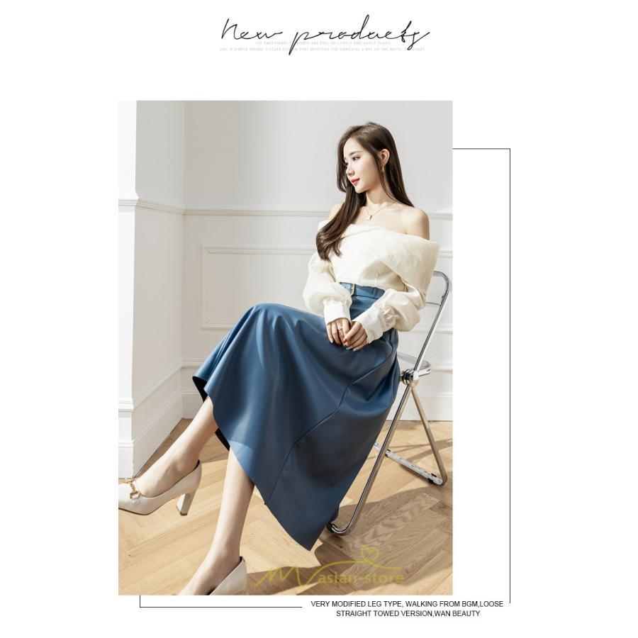 スカート | レザーフレアロング レディース ベルト付き ボトムス ロングAライン ミモレ丈 かっこいい 着痩せ キレイめ スリット