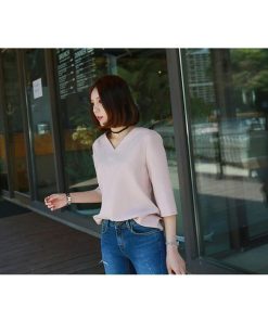シャツ・ブラウス | シャツブラウス レディース シャツ 五分袖 Vネック 無地 トップス カットソー 可愛い 大人 30代 40代 50代 フォーマル ピンク 白 ブルー オフィス