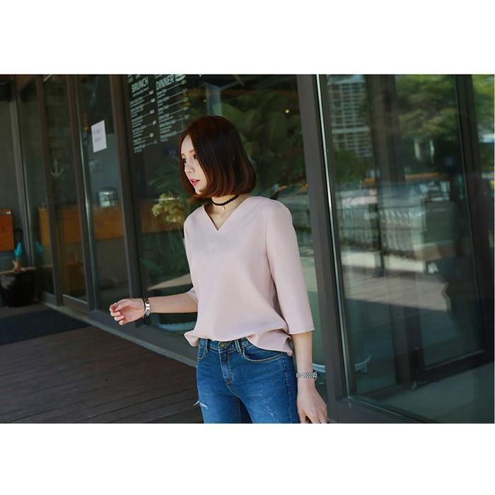 シャツ・ブラウス | シャツブラウス レディース シャツ 五分袖 Vネック 無地 トップス カットソー 可愛い 大人 30代 40代 50代 フォーマル ピンク 白 ブルー オフィス