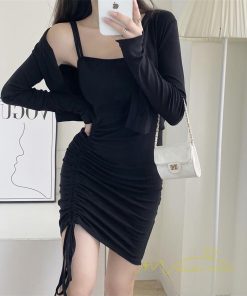 ミニ丈 | タイトワンピース カーディガン セットアップ ミニワンピース 伸縮性 無地 2点セット セクシー 大人 キャミソールワンピース 夏 キャザー レディース 秋物