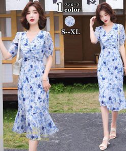 ミディアム | ワンピース レディース 春 夏 着痩せ 花柄 きれいめ サマー おしゃれ 上品 ひざ丈 半袖 サマーワンピース レトロ風 韓国風 通勤通学 お出かけ