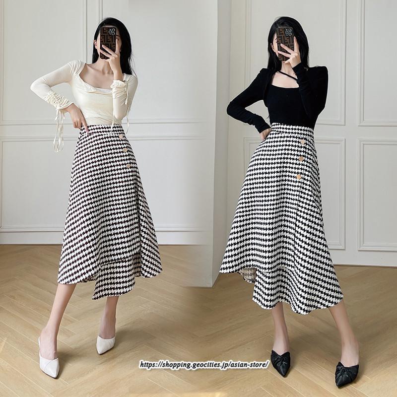 スカート | ロングきれいめ レディース ロング丈 Aライン 20代 30代 40代 50代 秋 冬 千鳥格柄 細見え 可愛い ハイウエスト お出かけ 高見え