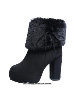 ブーツ | ショートレディース ハイヒール 10cmヒール 厚底 冬用 保温防寒 スエード調 ファー 靴 冬靴 太めヒール シューズ サイドジッパー 痛くない