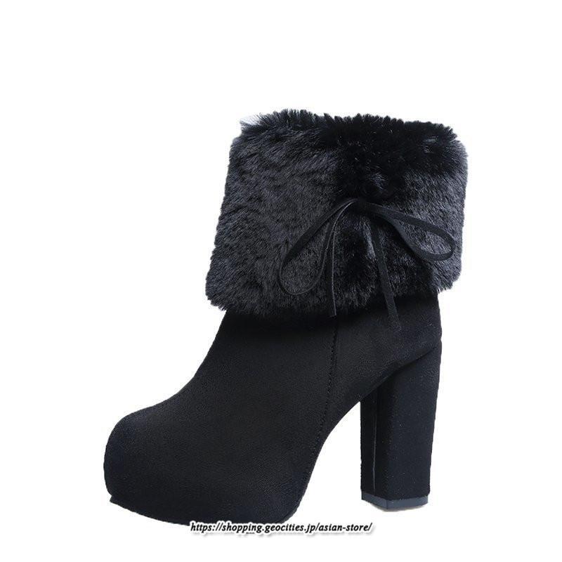 ブーツ | ショートレディース ハイヒール 10cmヒール 厚底 冬用 保温防寒 スエード調 ファー 靴 冬靴 太めヒール シューズ サイドジッパー 痛くない
