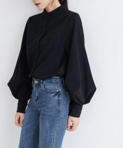 シャツ・ブラウス | フォーマル バルーン袖 スタンドカラー 無地 長袖チュニックシャツ おしゃれ 着やせ ハンドカラー レディース ブラウス トップス