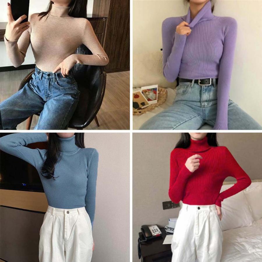 ニット・セーター | リブ ニットトップス タートルネック無地