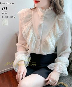 シャツ・ブラウス | ブラウス トップス プリーツ オフィスカジュアル 通勤 ハイネック レディース 韓国 ファッション レース 通学 着痩せ エレガント カジュアル 20代30代40代 2022