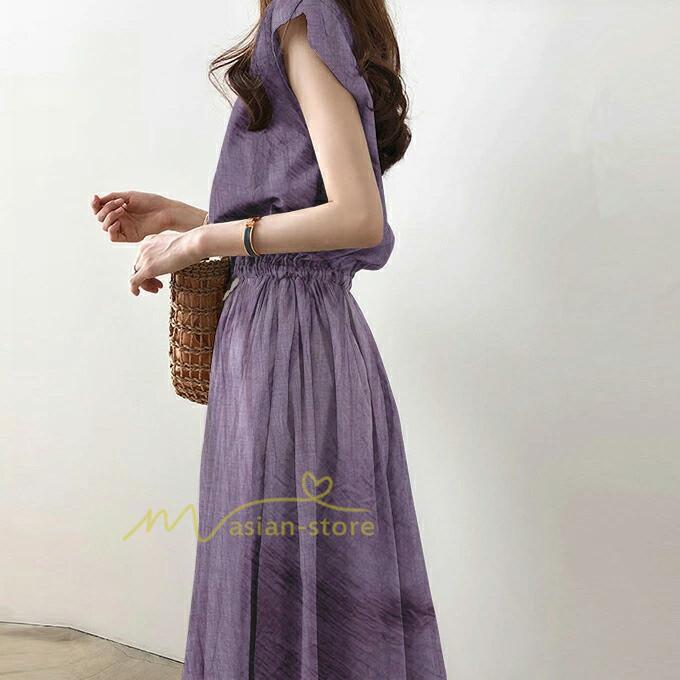 マキシ | ワンピース 半袖 夏ワンピース 20代30代 綿麻ワンピース ロングワンピース Aラインワンピース ウエストゴム リボン付き フレア 軽い 薄手 夏物 大人 40代50代