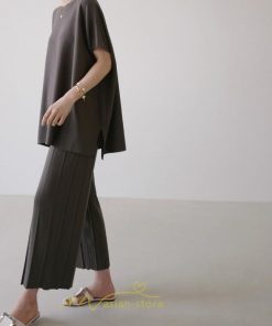 送料無料SALE | セットアップ ニット トップス パンツ ストレッチ 涼感 夏ニット 半袖 九分丈 ウエストゴム レディース 2点セット ゆったり Vネック 無地 30代40代 上品