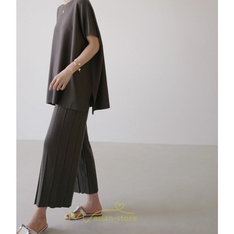 送料無料SALE | セットアップ ニット トップス パンツ ストレッチ 涼感 夏ニット 半袖 九分丈 ウエストゴム レディース 2点セット ゆったり Vネック 無地 30代40代 上品