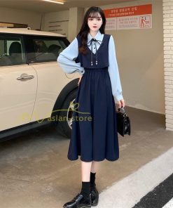 マキシ | ロングワンピース 秋物 レディース ミモレ丈 Aラインワンピース 切り替え フェイク レイヤード風 お呼ばれワンピース 30代40代 着やせ シャツカラー 重ね着風