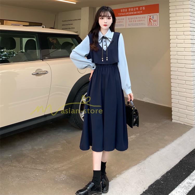 マキシ | ロングワンピース 秋物 レディース ミモレ丈 Aラインワンピース 切り替え フェイク レイヤード風 お呼ばれワンピース 30代40代 着やせ シャツカラー 重ね着風