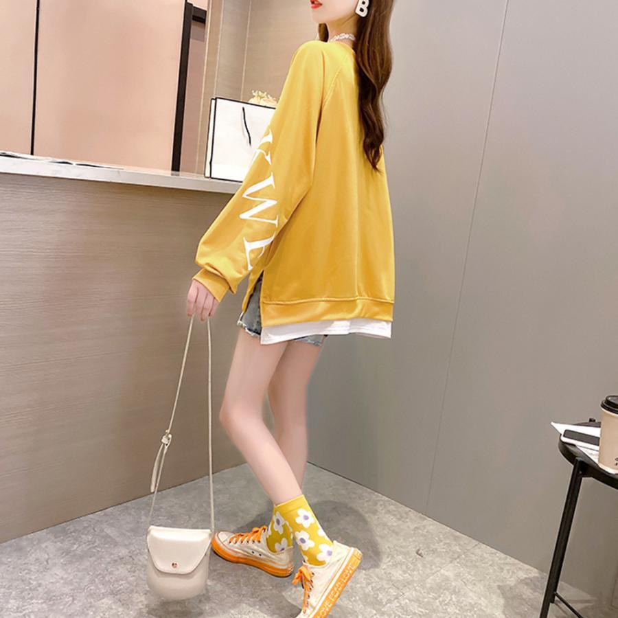 パーカ | カジュアル体型カバー レディース 韓国風 トップス ゆったり パーカートレーナー 長袖 スウェット チュニックロンT レイヤード風