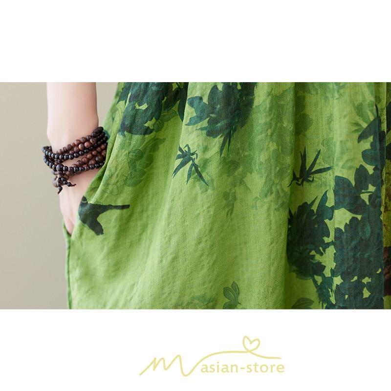 マキシ | ワンピース レディース 大きいサイズ 半袖 ロング丈 マキシ丈 クルーネック コットン 花柄 緑 夏 体型カバー 広がる裾 着痩せ 美シルエット ゆったり ポケット
