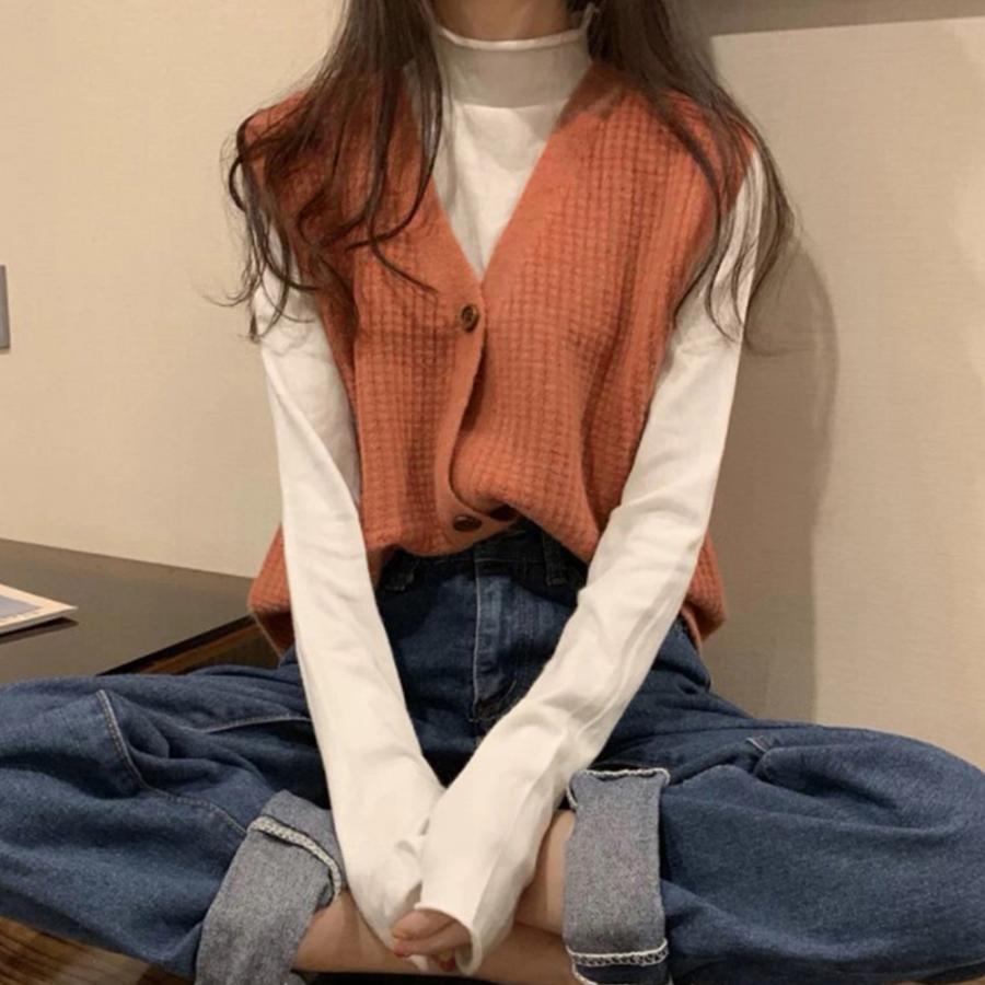 ニット・セーター | ジレ 開襟セーター ニットトップス おしゃれ Vネック 秋冬 ノースリーブ ニットベスト 袖なし 重ね着 レディース