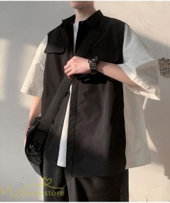 シャツ | ライトアウター メンズ ワイドカジュアル 切り替え トップス ゆったり 5分袖 韓国風 カッコウイイ ゆる夏コーデ オーバーサイズ 大きいサイズ
