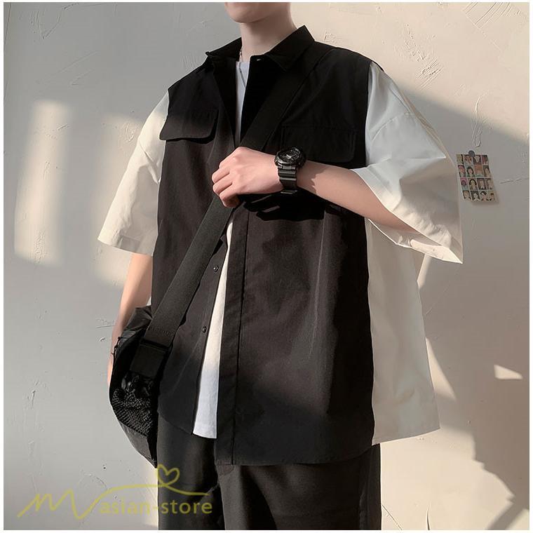 シャツ | ライトアウター メンズ ワイドカジュアル 切り替え トップス ゆったり 5分袖 韓国風 カッコウイイ ゆる夏コーデ オーバーサイズ 大きいサイズ