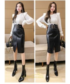 スカート | タイトタイト ロングレディース ロング丈 ひざ下 ハイウエスト レザースリット オシャレ 着痩せ かっこいい 高見え キレイめ