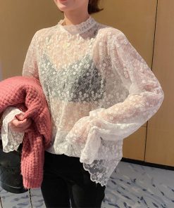 透かし編みトップス | レースブラウス レディース オシャレ シースルー きれいめ シアートップス プルオーバー セクシー プチハイネック 韓国風 長袖