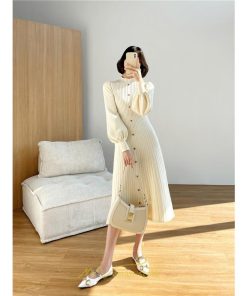 ニットワンピース | レディース 冬 きれいめ ニットフレア ロング おしゃれ ハイネック パフスリーブ 着痩せ エレガント おしゃれ フェミニン 送料無料 可愛い