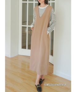 ノースリーブ | タンクワンピース 秋物 レディース ワンピース サイドポケット Vネック バックスリット入れ 20代50代 通学通勤 無地 大人 2022秋冬