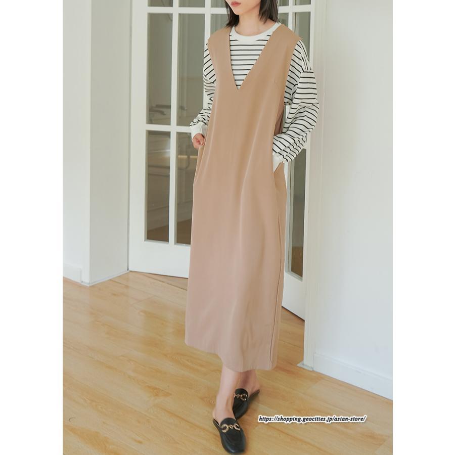 ノースリーブ | タンクワンピース 秋物 レディース ワンピース サイドポケット Vネック バックスリット入れ 20代50代 通学通勤 無地 大人 2022秋冬