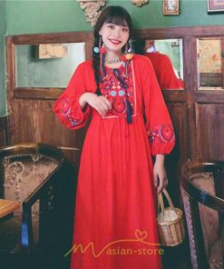 マキシ | ワンピース ロングワンピ パーティー お呼ばれ デート ゆったり 女子会 食事会 白 赤 黄色 青 Aライン 長袖 エスニック風 2022年夏秋新作 刺繍 Vネック 綿麻