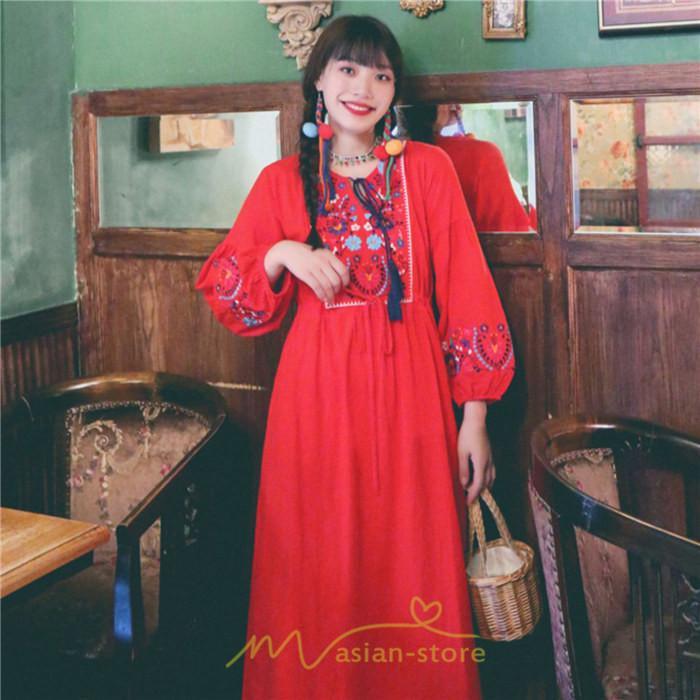 マキシ | ワンピース ロングワンピ パーティー お呼ばれ デート ゆったり 女子会 食事会 白 赤 黄色 青 Aライン 長袖 エスニック風 2022年夏秋新作 刺繍 Vネック 綿麻