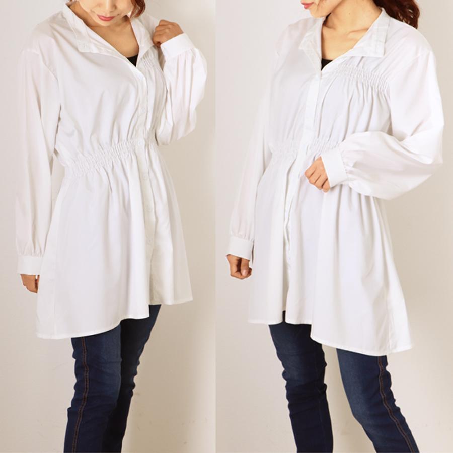 シャツ・ブラウス | レディース 春夏長袖 チュニックワンピ シャツブラウス 白 シャツワンピース ウエストマーク ミニワンピース
