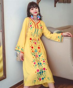 マキシ | ワンピース コットン 長袖ワンピース カジュアル ゆったり ナチュラル シンプル 可愛い 夏 秋 エスニック Vネック 鎖骨 レトロ 黄色 刺繍 白 青 三色展開