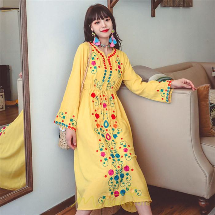マキシ | ワンピース コットン 長袖ワンピース カジュアル ゆったり ナチュラル シンプル 可愛い 夏 秋 エスニック Vネック 鎖骨 レトロ 黄色 刺繍 白 青 三色展開